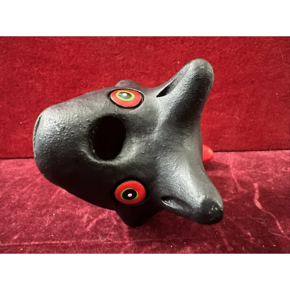 Handmade Black‎ Toucan Bird Clay Whistle Ocarina Folk Art Mexico Red Green Yello